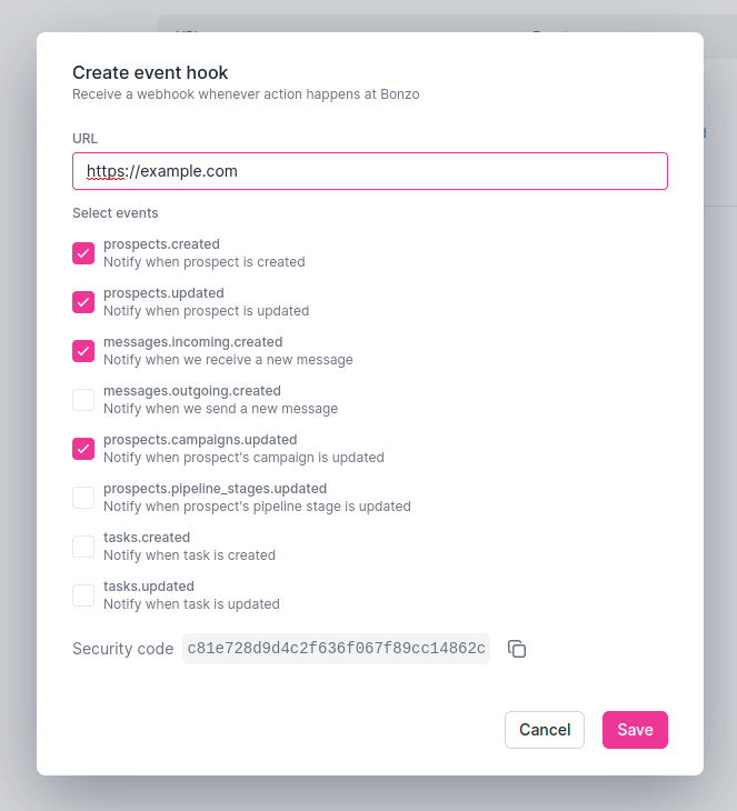 Example of filled create event hook form